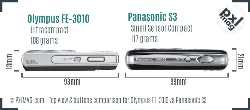 Olympus FE-3010 vs Panasonic S3 top view buttons comparison