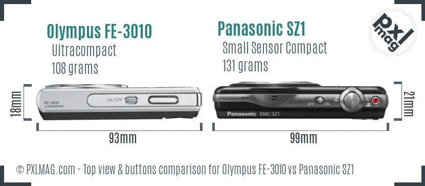 Olympus FE-3010 vs Panasonic SZ1 top view buttons comparison