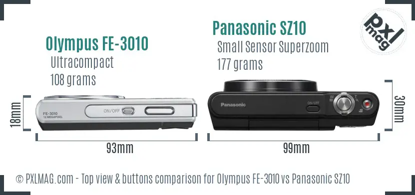 Olympus FE-3010 vs Panasonic SZ10 top view buttons comparison Olympus FE-3010 vs Panasonic SZ10 top view buttons comparison