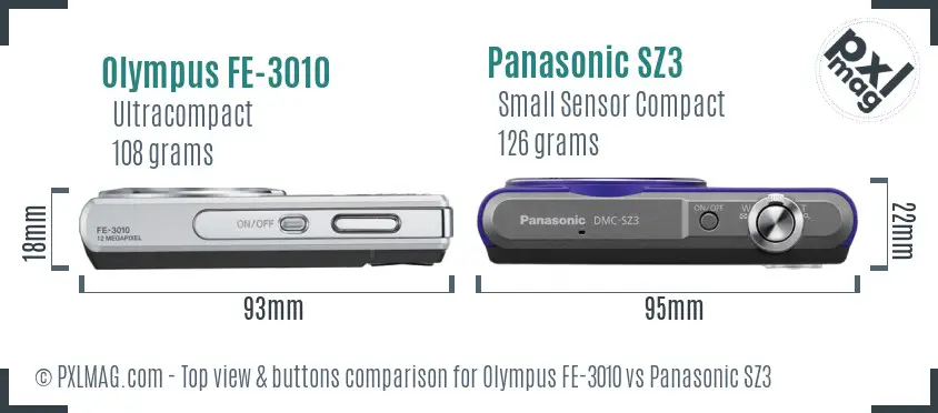 Olympus FE-3010 vs Panasonic SZ3 top view buttons comparison