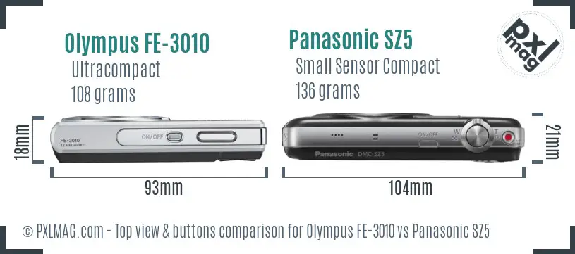 Olympus FE-3010 vs Panasonic SZ5 top view buttons comparison