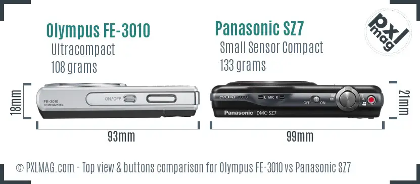 Olympus FE-3010 vs Panasonic SZ7 top view buttons comparison