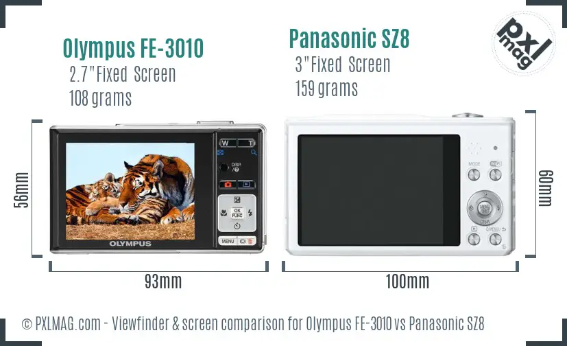 Olympus FE-3010 vs Panasonic SZ8 Screen and Viewfinder comparison