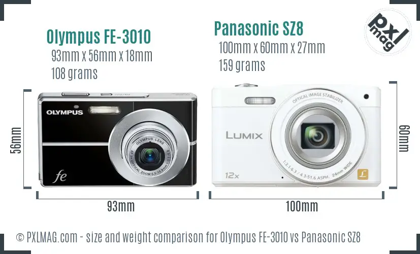 Olympus FE-3010 vs Panasonic SZ8 size comparison