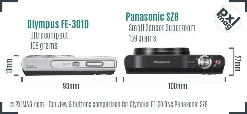 Olympus FE-3010 vs Panasonic SZ8 top view buttons comparison