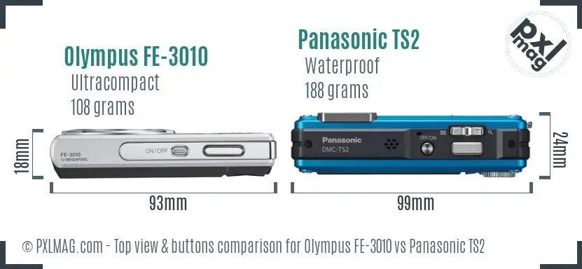 Olympus FE-3010 vs Panasonic TS2 top view buttons comparison