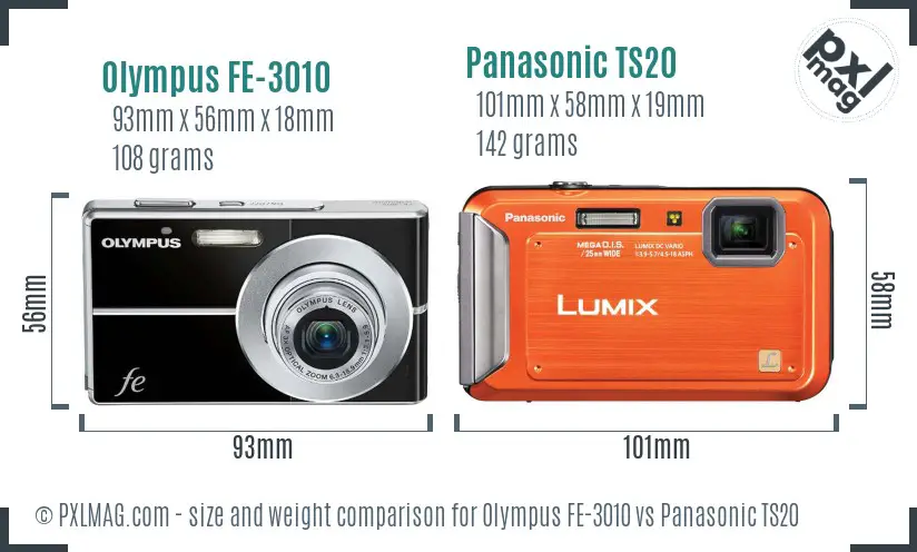 Olympus FE-3010 vs Panasonic TS20 size comparison