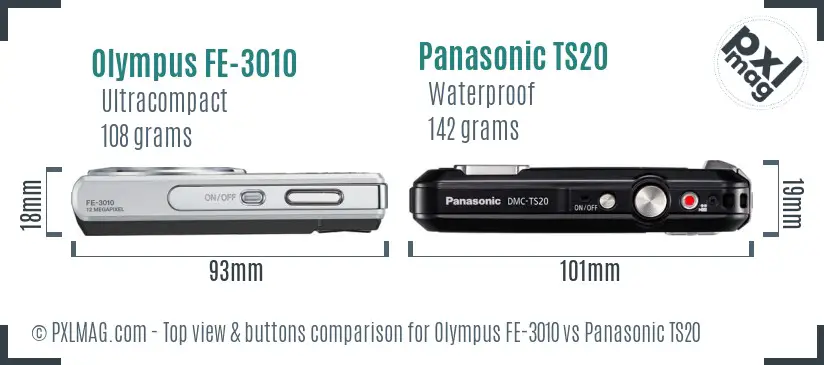 Olympus FE-3010 vs Panasonic TS20 top view buttons comparison