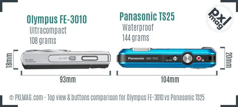 Olympus FE-3010 vs Panasonic TS25 top view buttons comparison