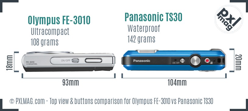 Olympus FE-3010 vs Panasonic TS30 top view buttons comparison