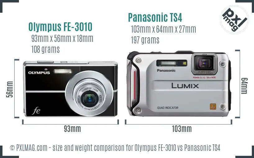Olympus FE-3010 vs Panasonic TS4 size comparison