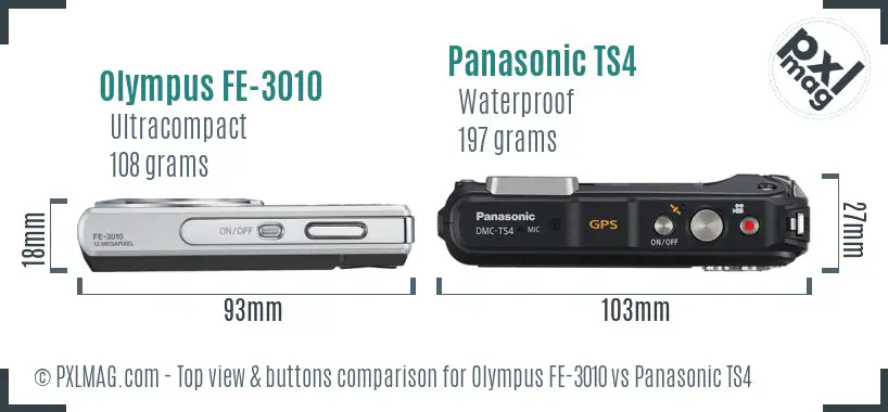Olympus FE-3010 vs Panasonic TS4 top view buttons comparison