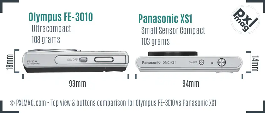 Olympus FE-3010 vs Panasonic XS1 top view buttons comparison