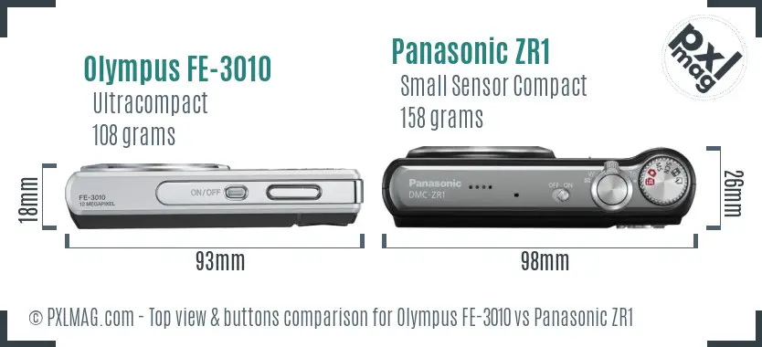 Olympus FE-3010 vs Panasonic ZR1 top view buttons comparison