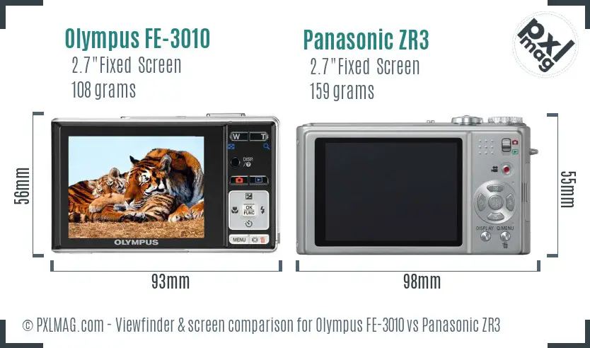 Olympus FE-3010 vs Panasonic ZR3 Screen and Viewfinder comparison