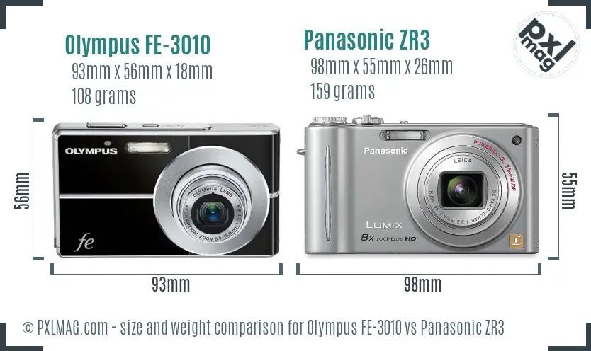 Olympus FE-3010 vs Panasonic ZR3 size comparison