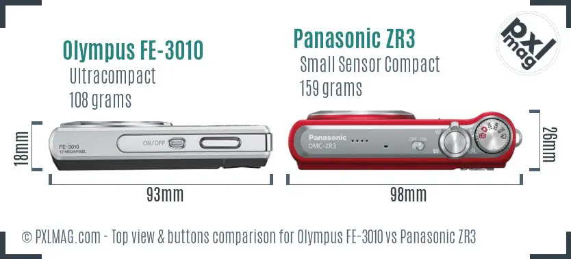 Olympus FE-3010 vs Panasonic ZR3 top view buttons comparison