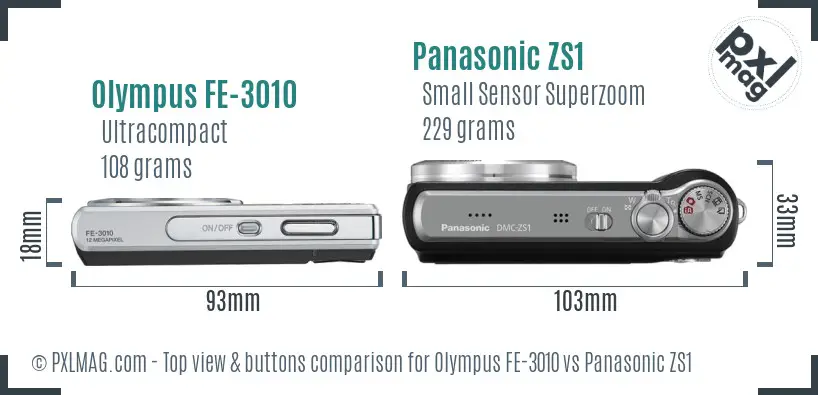 Olympus FE-3010 vs Panasonic ZS1 top view buttons comparison