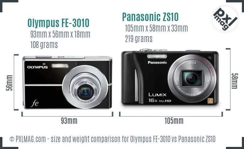 Olympus FE-3010 vs Panasonic ZS10 size comparison