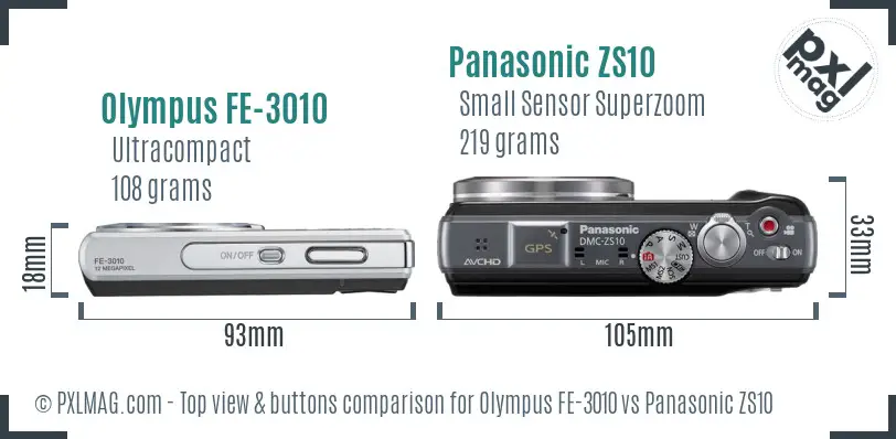Olympus FE-3010 vs Panasonic ZS10 top view buttons comparison