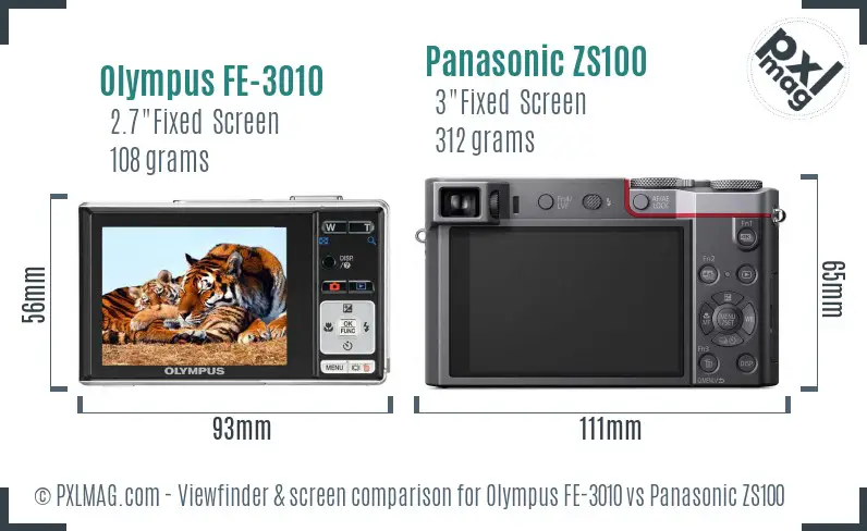 Olympus FE-3010 vs Panasonic ZS100 Screen and Viewfinder comparison
