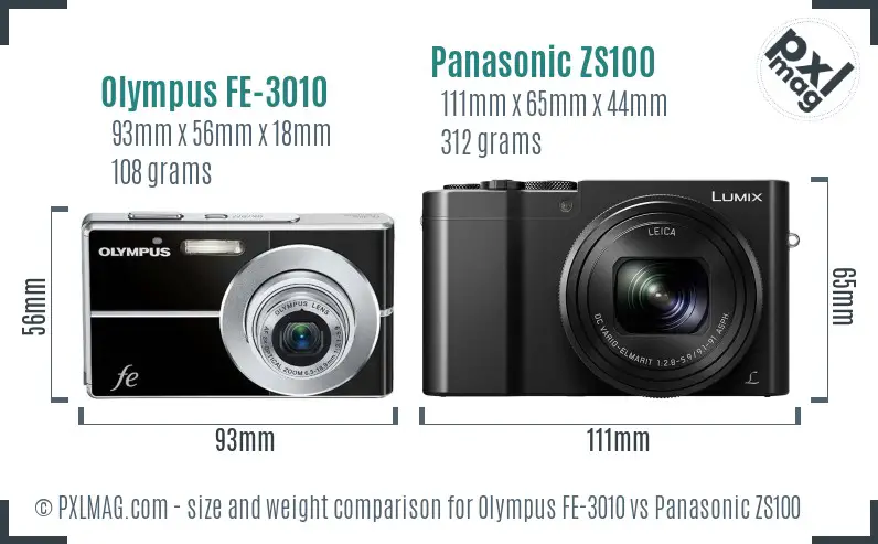 Olympus FE-3010 vs Panasonic ZS100 size comparison