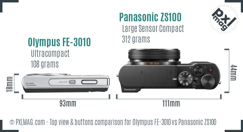 Olympus FE-3010 vs Panasonic ZS100 top view buttons comparison