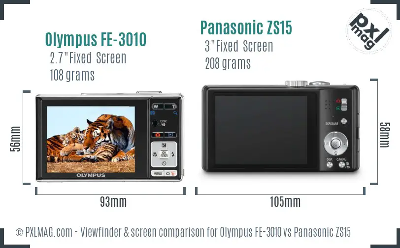 Olympus FE-3010 vs Panasonic ZS15 Screen and Viewfinder comparison
