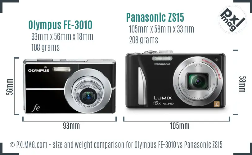 Olympus FE-3010 vs Panasonic ZS15 size comparison