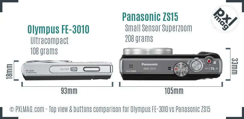 Olympus FE-3010 vs Panasonic ZS15 top view buttons comparison