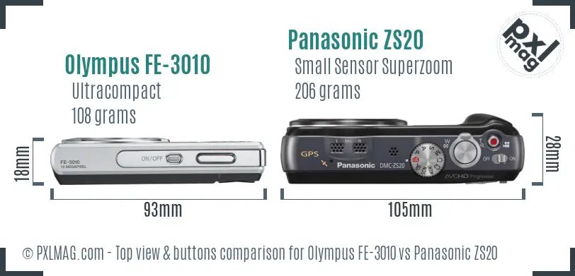 Olympus FE-3010 vs Panasonic ZS20 top view buttons comparison