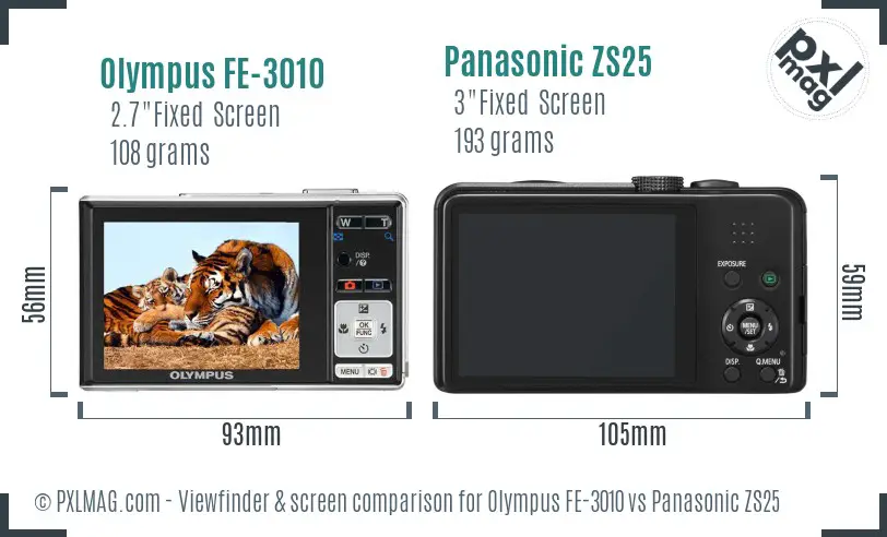 Olympus FE-3010 vs Panasonic ZS25 Screen and Viewfinder comparison