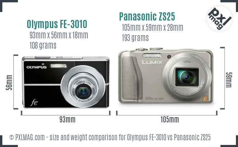 Olympus FE-3010 vs Panasonic ZS25 size comparison