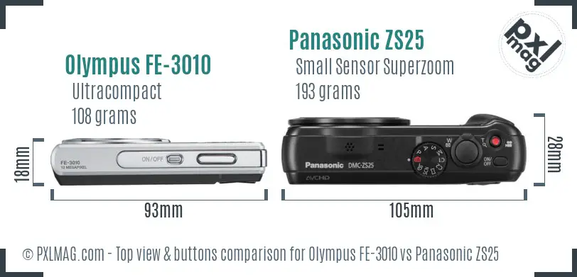 Olympus FE-3010 vs Panasonic ZS25 top view buttons comparison