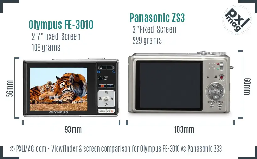Olympus FE-3010 vs Panasonic ZS3 Screen and Viewfinder comparison