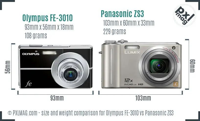 Olympus FE-3010 vs Panasonic ZS3 size comparison