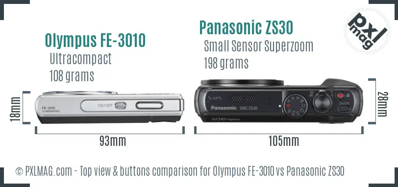 Olympus FE-3010 vs Panasonic ZS30 top view buttons comparison