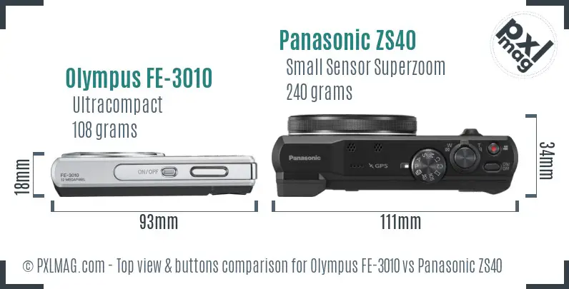 Olympus FE-3010 vs Panasonic ZS40 top view buttons comparison
