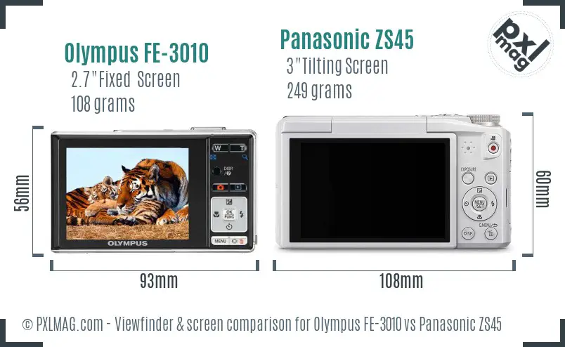 Olympus FE-3010 vs Panasonic ZS45 Screen and Viewfinder comparison