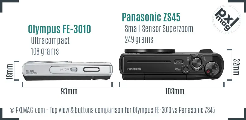 Olympus FE-3010 vs Panasonic ZS45 top view buttons comparison