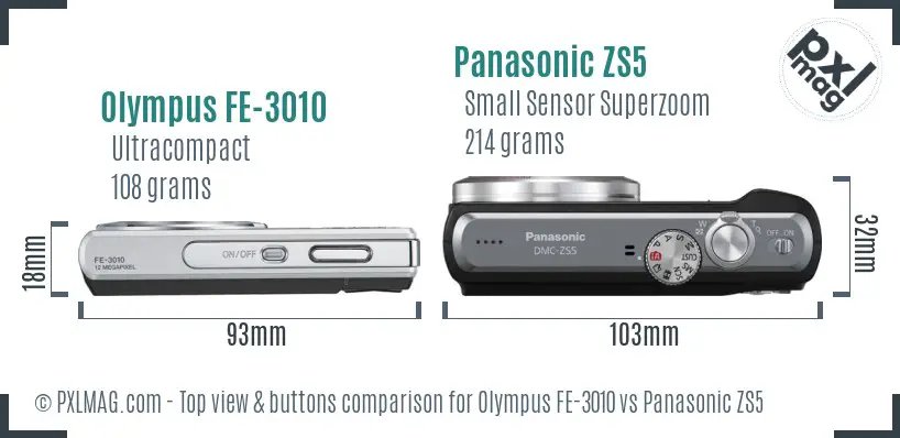 Olympus FE-3010 vs Panasonic ZS5 top view buttons comparison