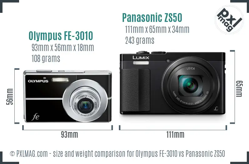 Olympus FE-3010 vs Panasonic ZS50 size comparison