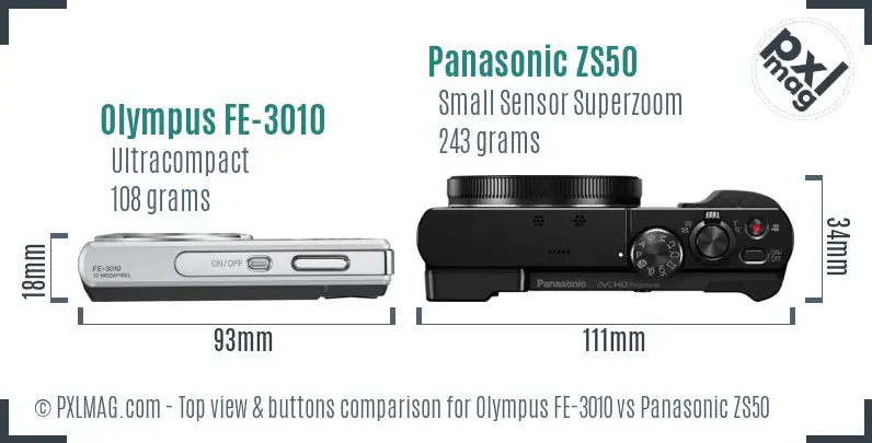 Olympus FE-3010 vs Panasonic ZS50 top view buttons comparison