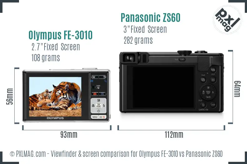Olympus FE-3010 vs Panasonic ZS60 Screen and Viewfinder comparison