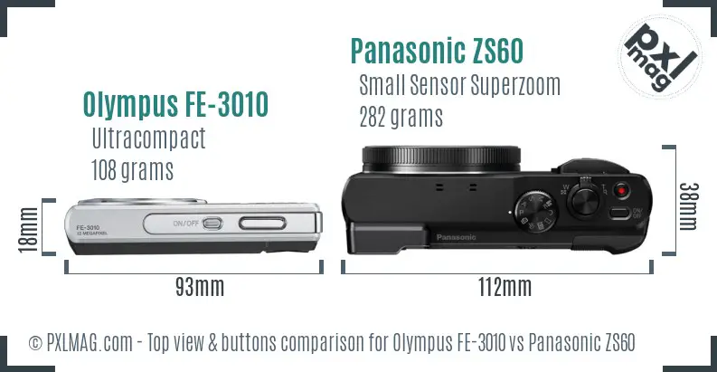 Olympus FE-3010 vs Panasonic ZS60 top view buttons comparison