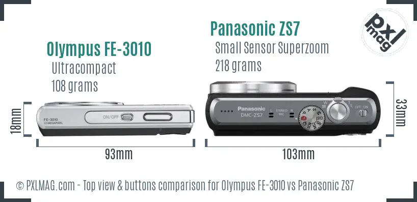 Olympus FE-3010 vs Panasonic ZS7 top view buttons comparison