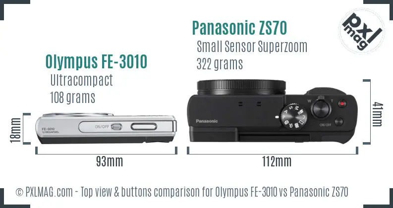 Olympus FE-3010 vs Panasonic ZS70 top view buttons comparison