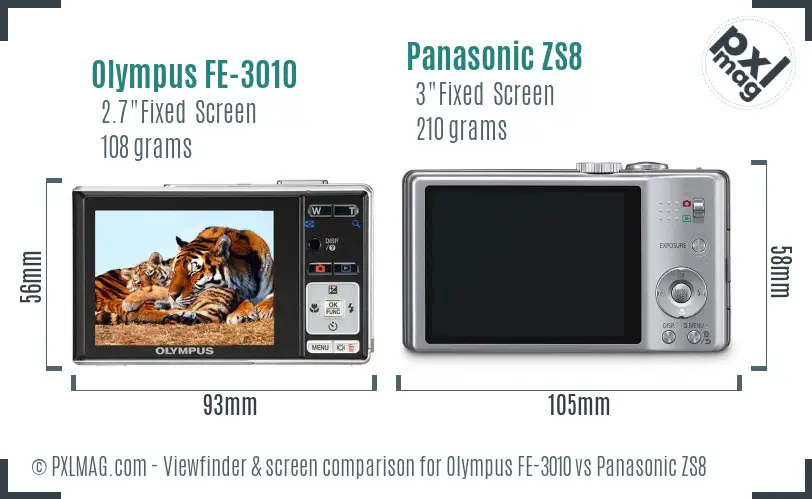 Olympus FE-3010 vs Panasonic ZS8 Screen and Viewfinder comparison