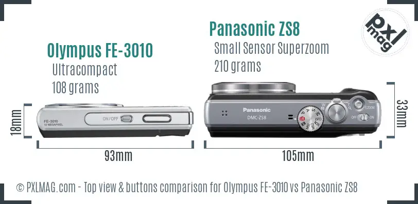 Olympus FE-3010 vs Panasonic ZS8 top view buttons comparison