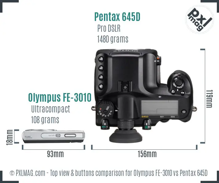 Olympus FE-3010 vs Pentax 645D top view buttons comparison